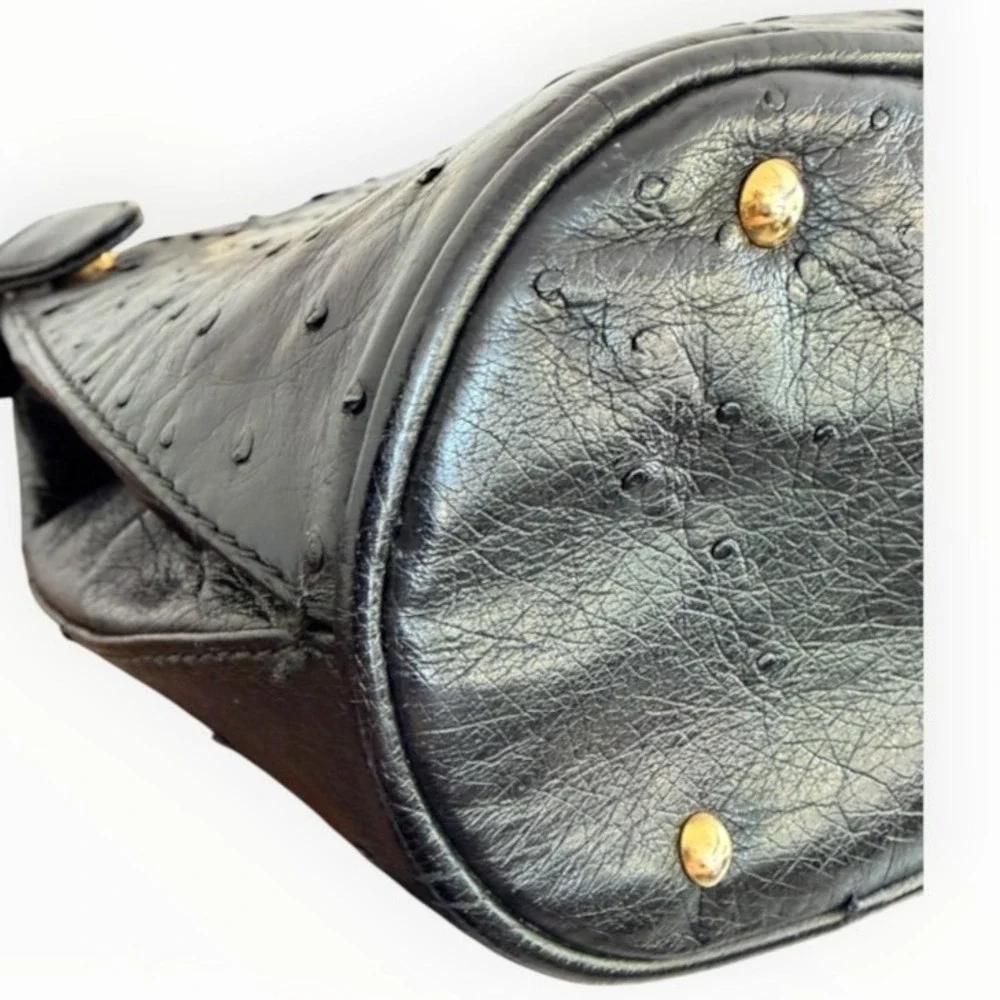 Vintage Bally Black Genuine Ostrich Leather Top Handle Bag Gold Hardware